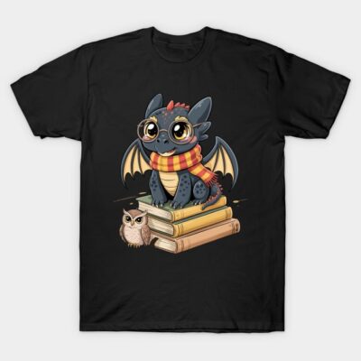 Black t-shirt featuring cute cartoon dragon with books and owl, ideal for fans of fantasy themes and casual wear.