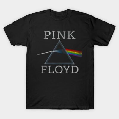 Black graphic t-shirt with prism design and rainbow, casual wear, cotton fabric, unisex style.