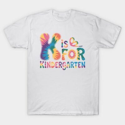 White T-shirt with colorful "K is for Kindergarten" design, perfect for kids' back-to-school wear, cotton fabric.