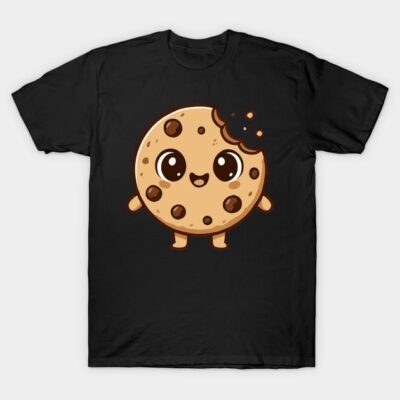 Black T-shirt featuring cute cartoon cookie graphic, perfect for casual wear. Cotton material, unisex design.