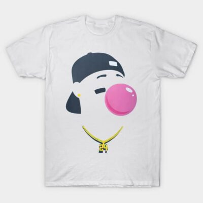 White cotton t-shirt featuring cartoon with bubblegum, cap, and gold chain. Casual streetwear style.