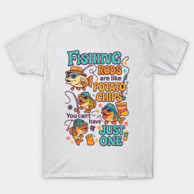 White T-shirt with colorful fishing-themed print, humorous text design, casual wear, cotton fabric, unisex style.