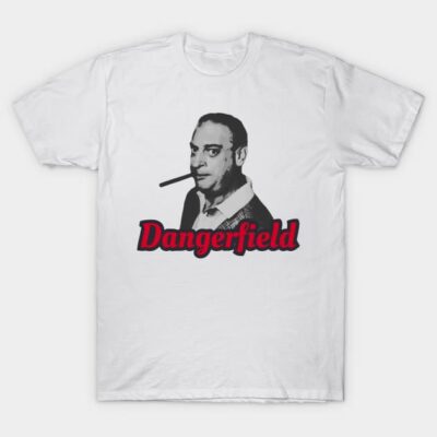 White graphic t-shirt featuring black and red "Dangerfield" design, casual wear, cotton material.