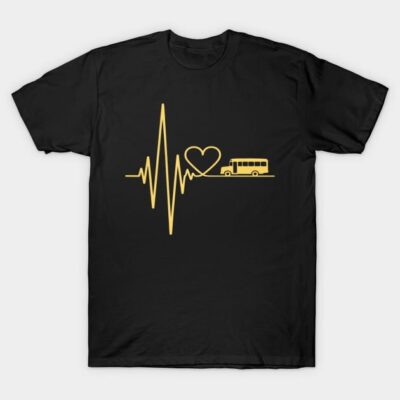 Black t-shirt with yellow heartbeat, heart, and bus design, casual style, cotton material, perfect for bus lovers.