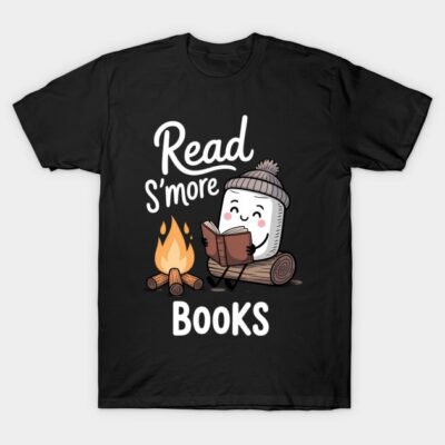 Black t-shirt with "Read S'more Books" text and cute marshmallow campfire graphic, casual style, cotton material.