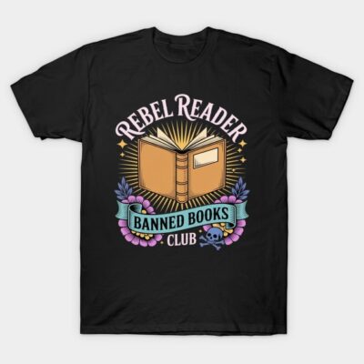Black "Rebel Reader" t-shirt with colorful book and floral design, ideal for book lovers, cotton material.