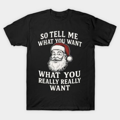 Black Christmas-themed T-shirt with Santa graphic and festive text, ideal for holiday celebrations and casual wear.