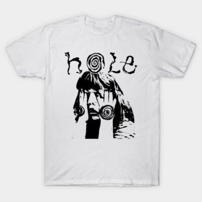 White cotton t-shirt with black abstract face design and "hole" text, casual style for everyday wear.