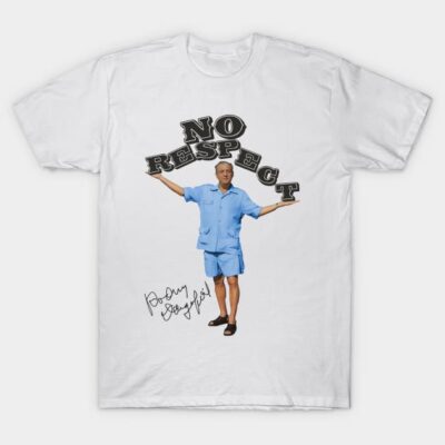 White t-shirt with "No Respect" graphic and signature print, featuring a person in blue outfit. Casual cotton top.
