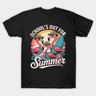 Black t-shirt with "School's Out for Summer" design, featuring flamingos in sunglasses, perfect for casual summer wear.