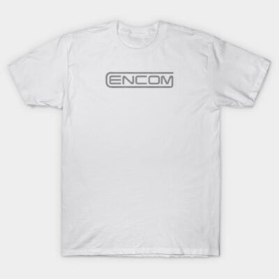 White cotton t-shirt with "ENCOM" logo in gray, casual style, perfect for everyday wear.