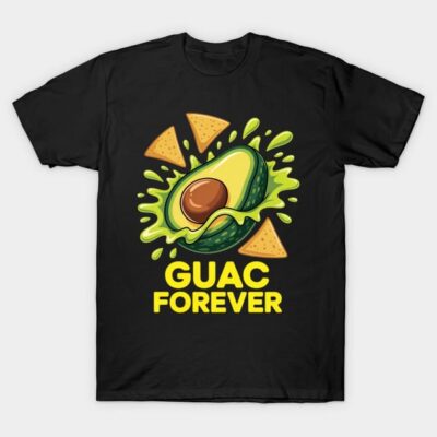 Black t-shirt with avocado and nacho graphic, "Guac Forever" text, casual style, cotton material, unisex design.