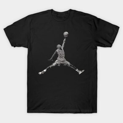 Black graphic t-shirt with basketball player silhouette design, cotton material, casual sportswear style.