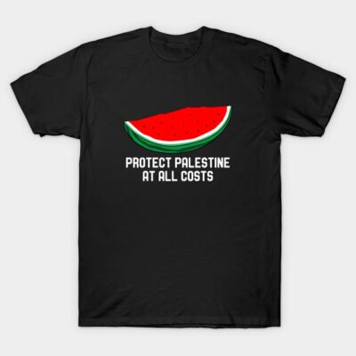 Black t-shirt with watermelon graphic and "Protect Palestine at All Costs" text, casual cotton apparel.