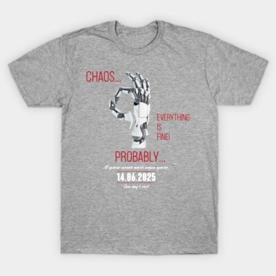 Gray graphic t-shirt with robotic hand design, red text "Chaos... Everything is fine!", casual style, cotton material.
