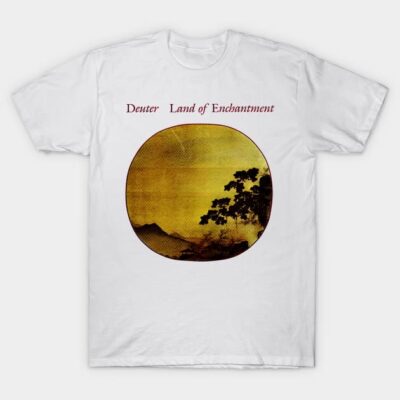 White t-shirt with "Land of Enchantment" text, featuring a vintage yellow circle landscape design, casual wear.