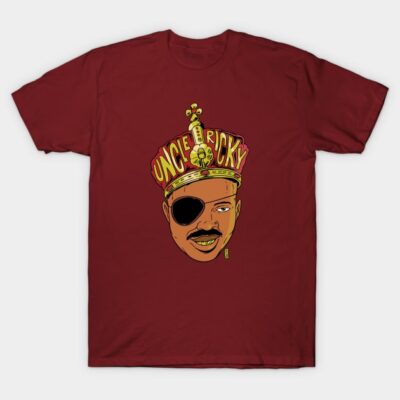 Burgundy graphic t-shirt with bold crown and eye patch design, casual style made from soft cotton.