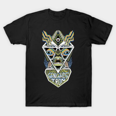 Black geometric design t-shirt with colorful abstract pattern, suitable for casual wear, 100% cotton material.