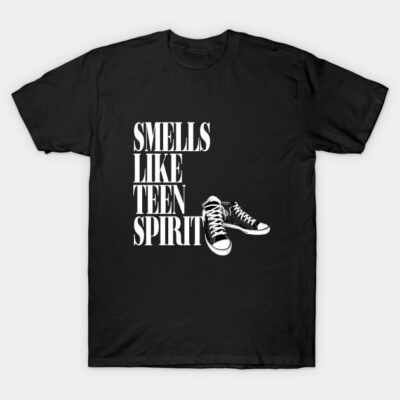 Black "Smells Like Teen Spirit" graphic t-shirt with sneaker design, casual style, cotton material, unisex fit.