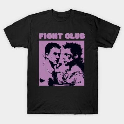 Black "Fight Club" graphic t-shirt with purple text and design, casual wear, soft cotton material.