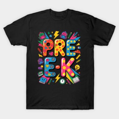 Black pre-k t-shirt with colorful school-themed graphics, suitable for preschoolers, made from soft cotton material.