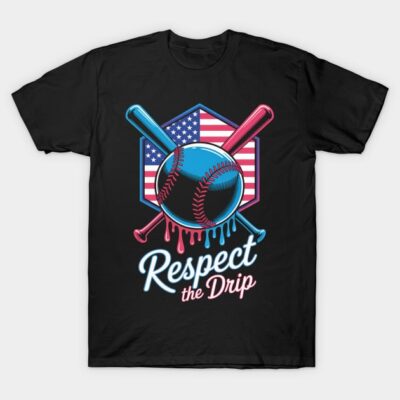 Black t-shirt with "Respect the Drip" baseball graphic, American flag background, colorful bats, sporty casual wear.