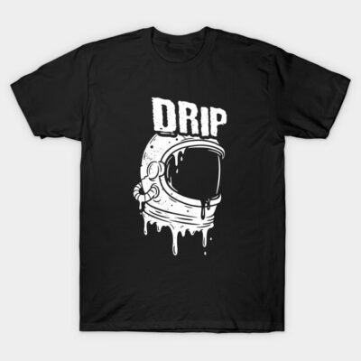 Black t-shirt with white astronaut helmet graphic and "Drip" text, casual style, cotton material, unisex design.