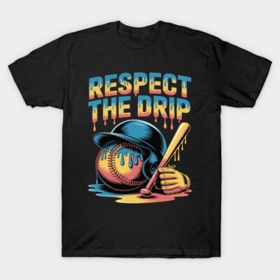 Black t-shirt with colorful "Respect the Drip" graphic, featuring a baseball helmet and bat. Casual style, cotton material.