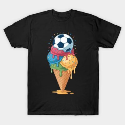 Black t-shirt with colorful ice cream cone and soccer ball graphic, casual wear, 100% cotton, unisex design.