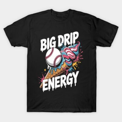 Black t-shirt with "Big Drip Energy" graphic featuring baseball and ice cream cone, casual wear, cotton material.