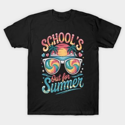 Black "School's Out for Summer" T-shirt with colorful sunglasses and sunset design, perfect for casual wear.
