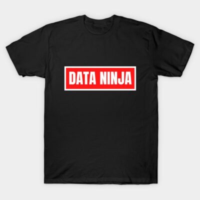 Black "Data Ninja" T-shirt, bold red and white print, casual cotton tee for tech enthusiasts.