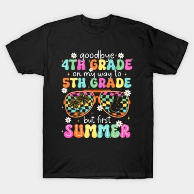 Black t-shirt with colorful "Goodbye 4th Grade, Hello 5th Grade" summer design, featuring sunglasses graphic.