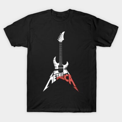 Black guitar graphic t-shirt, featuring bold design, perfect for music lovers, casual style, 100% cotton.