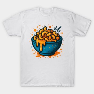 White t-shirt featuring colorful mac and cheese bowl graphic, casual style, perfect for food lovers.