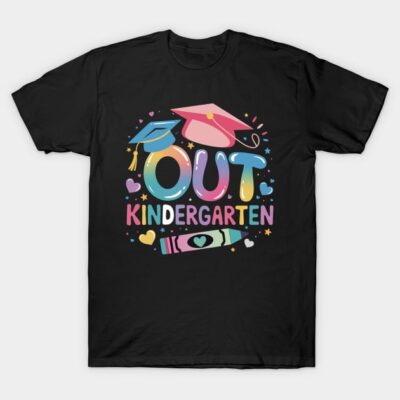 "Black kindergarten graduation T-shirt with colorful caps and crayon design, perfect for celebrating milestones."