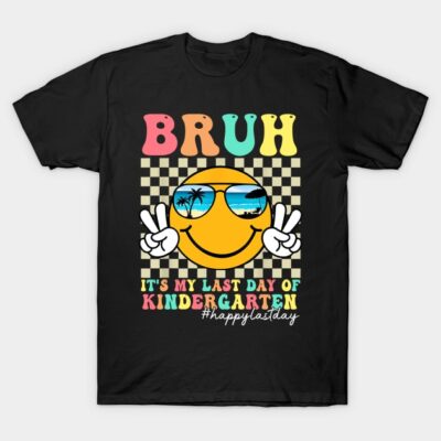 Black T-shirt with colorful "Bruh" and smiley design, ideal for kindergarten graduation celebrations.