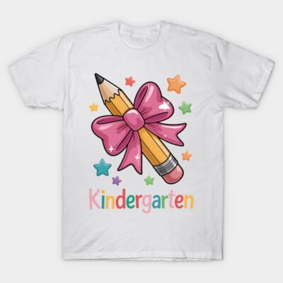 White kindergarten t-shirt with colorful pencil and bow design, ideal for children's schoolwear.