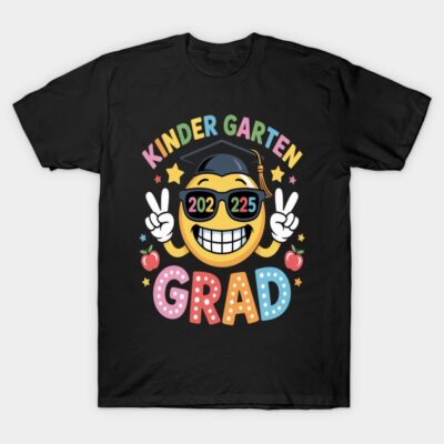Black kindergarten graduation t-shirt with colorful emoji design and "Grad" text, perfect for celebrations.