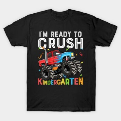 Black T-shirt with colorful monster truck design, "I'm Ready to Crush Kindergarten" text, fun back-to-school style.