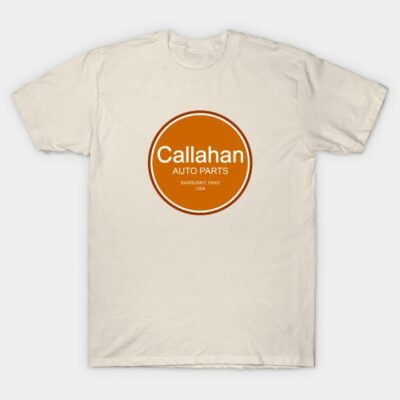 Cream T-shirt with orange Callahan Auto Parts logo, casual cotton apparel, ideal for fans and everyday wear.