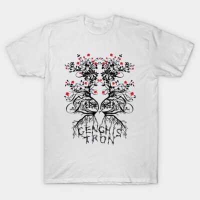 White t-shirt with intricate black and red floral design, featuring artistic tree roots, ideal for casual wear.