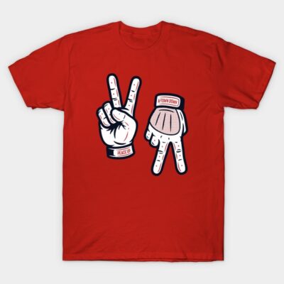 Red graphic tee with peace and "A Town Down" hand signs, casual style, unisex cotton material.