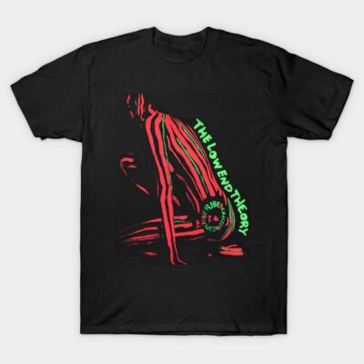 Black T-shirt with abstract red and green design, featuring "The Low End Theory" text, casual wear, cotton fabric.