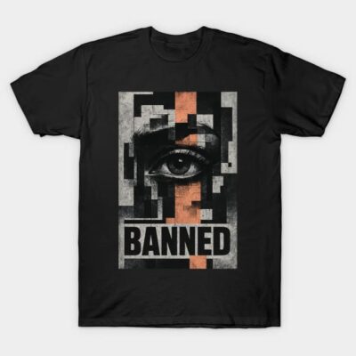 Black graphic t-shirt with abstract eye and "Banned" text design, modern style, casual wear.