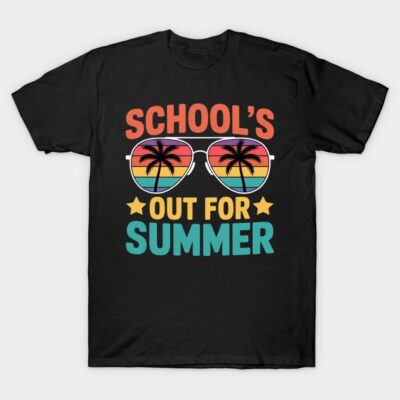 Black "School's Out for Summer" t-shirt with colorful sunglasses and palm tree graphic, perfect for casual wear.
