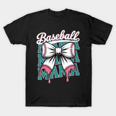 Black t-shirt with "Baseball Mama" design, featuring a white bow with pink accents, perfect for sports enthusiasts.
