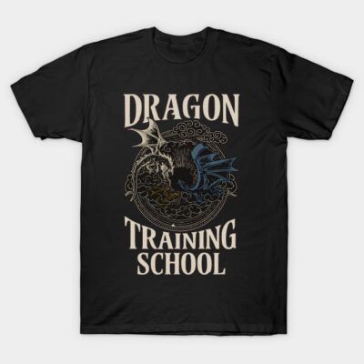 Black "Dragon Training School" t-shirt with artistic dragon design, casual wear, cotton blend, unisex style.