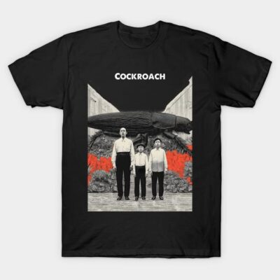 Black t-shirt with graphic design featuring abstract art and text "Cockroach," casual wear, cotton material.