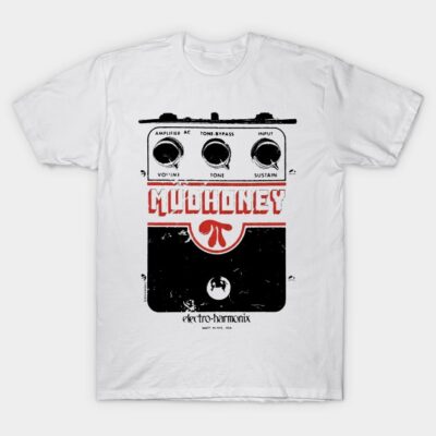 White t-shirt featuring a vintage-style guitar pedal graphic with red and black details, perfect for music enthusiasts.
